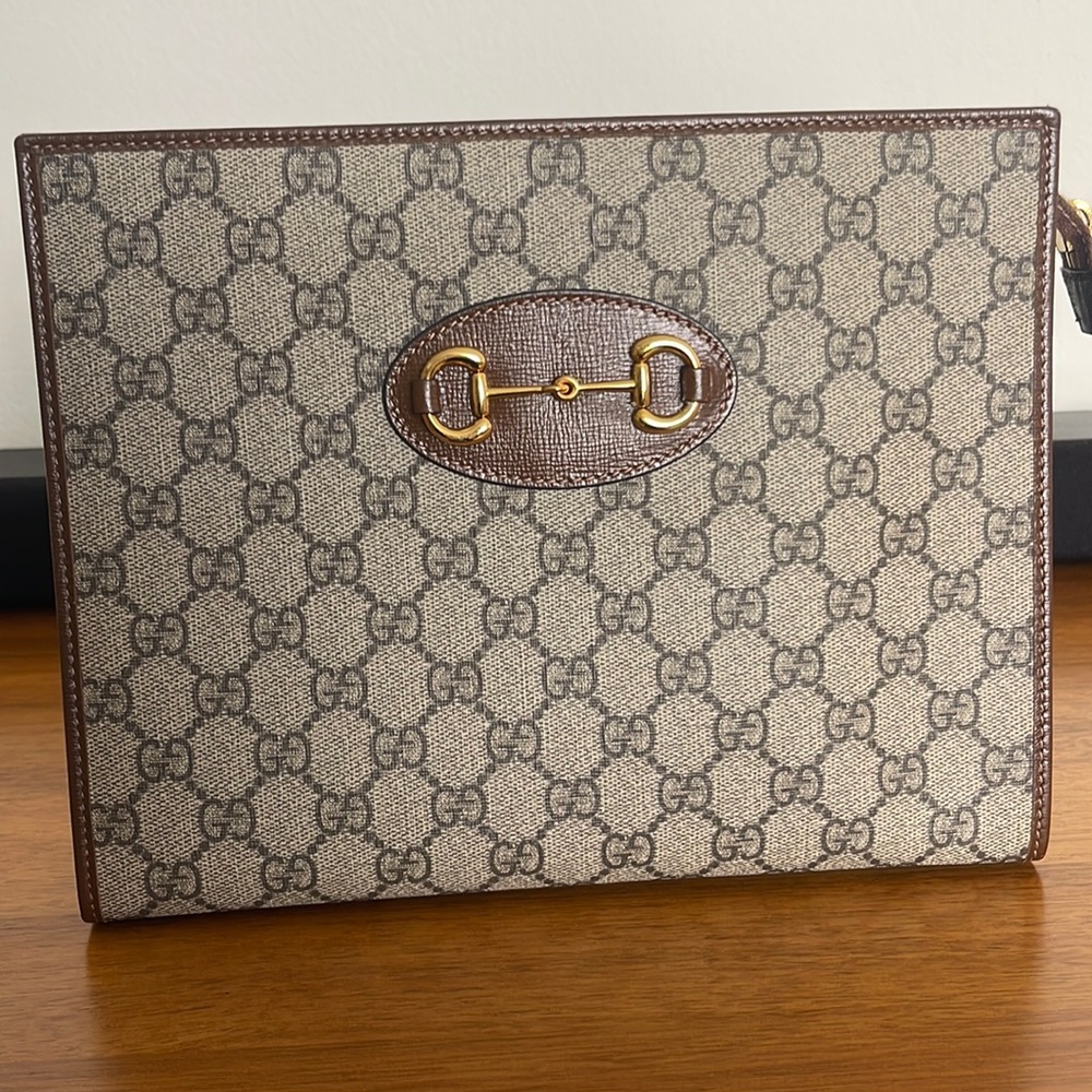 GG Supreme Monogram Horsebit 1955 Zip Pouch Beige Brown Sugar. - Picture 1 of 4